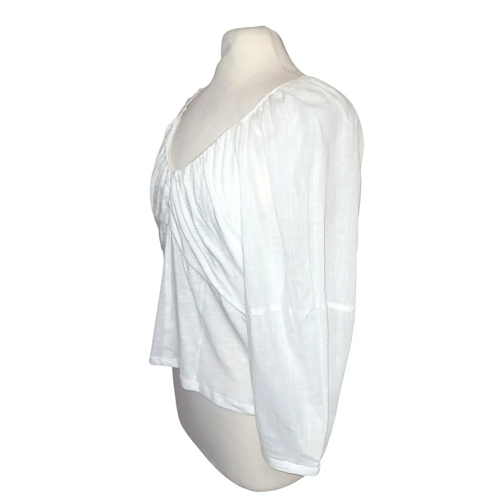 Anthropologie White Corset Ruched Deep V-Neck Peasant Boho Long Sleeve Blouse L